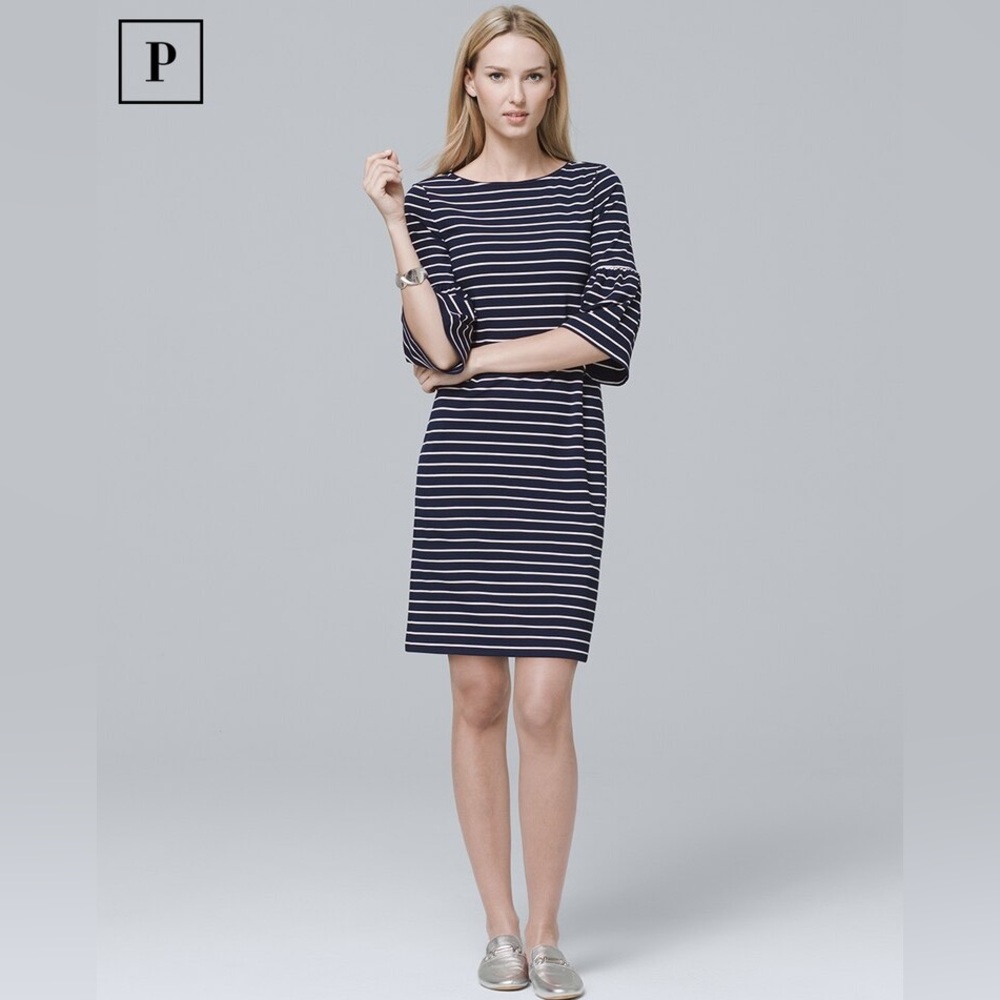 WHITE HOUSE BLACK MARKET 3/4 Bell Sleeve Navy Striped Knit Shift Dress - Medium